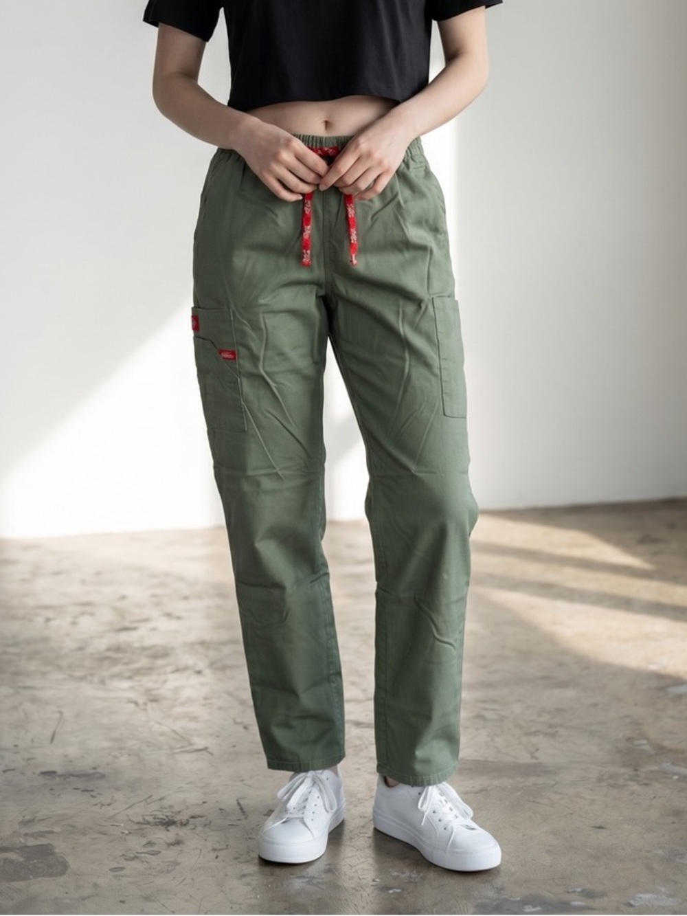 Dickies Olive Straight-Leg Utility Pants with Red Drawcord